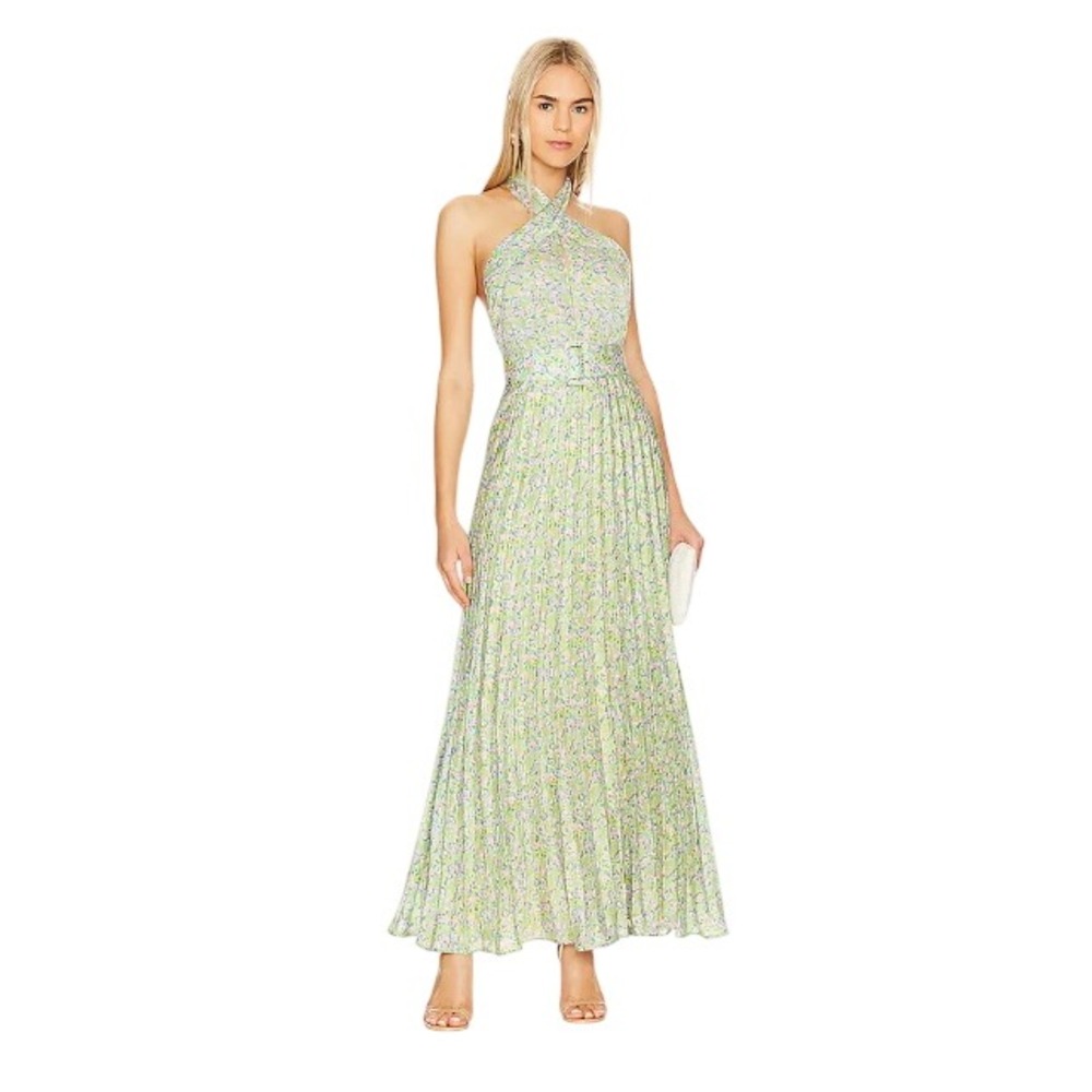 ByTiMo Plisse Pleated Halterneck Maxi Dress In Green Garden Open Back Large